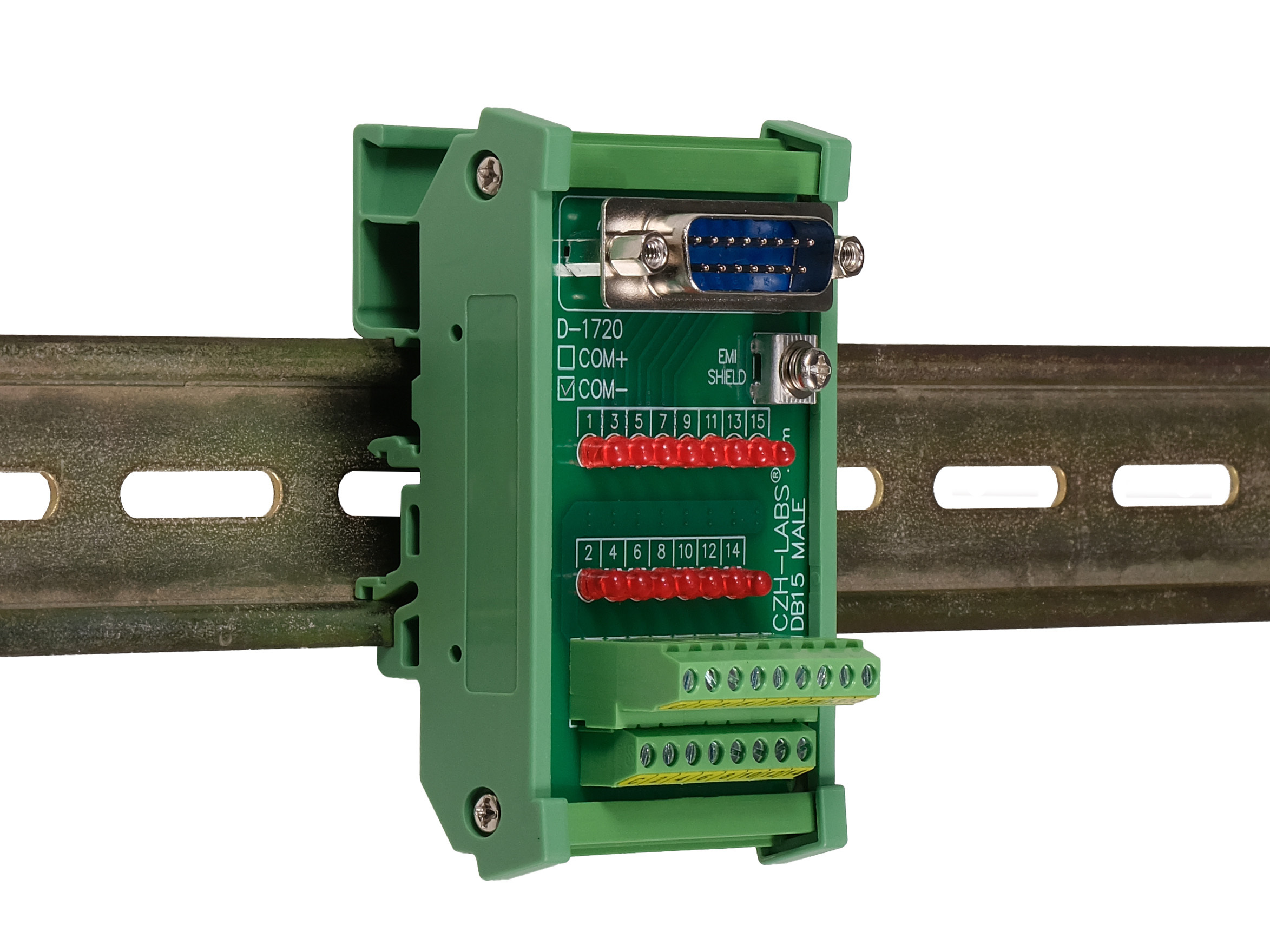 Male DB15 Interface Module, COM- with LEDs For Circuit Indication, DIN 41652/IEC60807 D-SUB Breakout Board Module, DIN Rail Mount