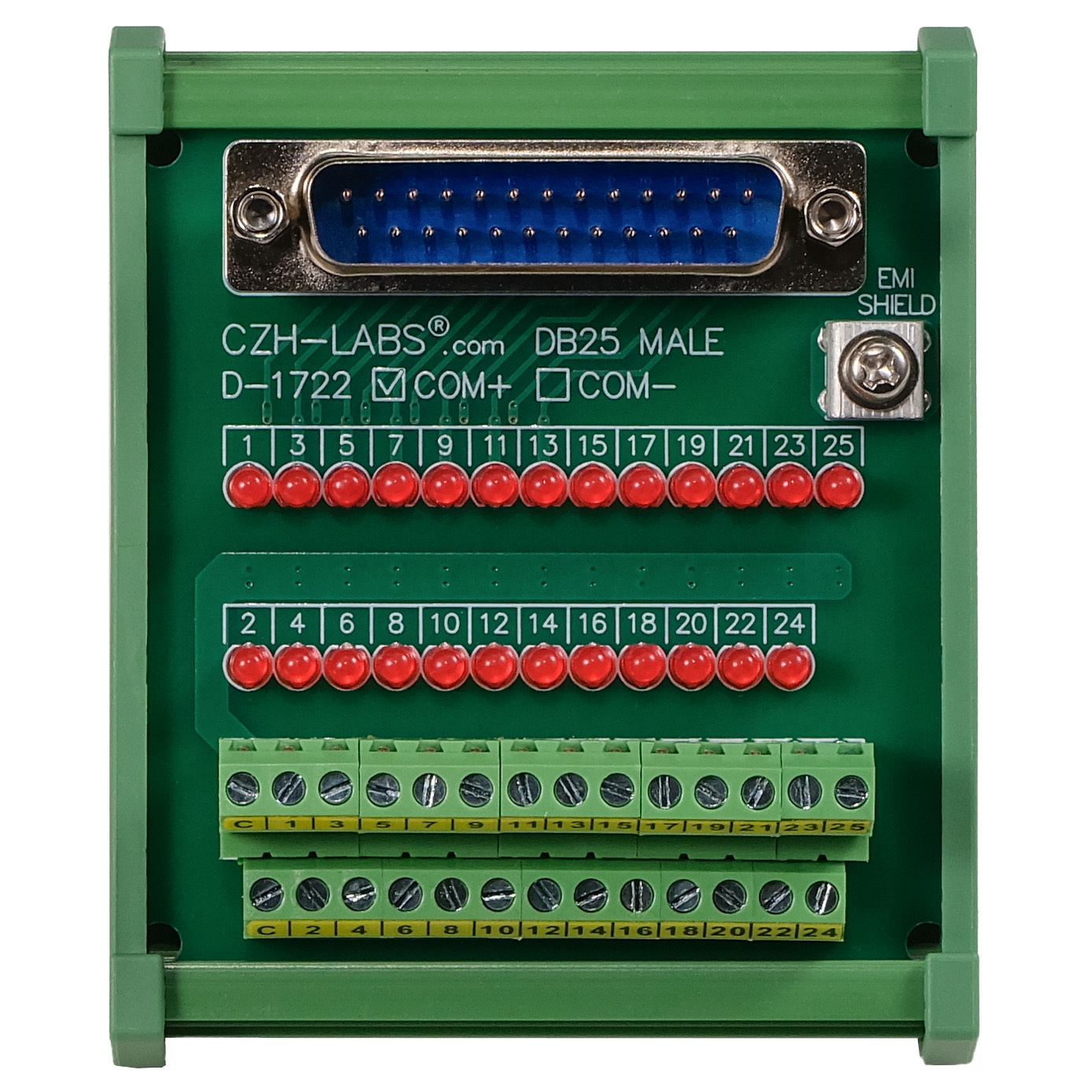 Male DB25 Interface Module, COM+ with LEDs For Circuit Indication, DIN 41652/IEC60807 D-SUB Breakout Board Module, DIN Rail Mount