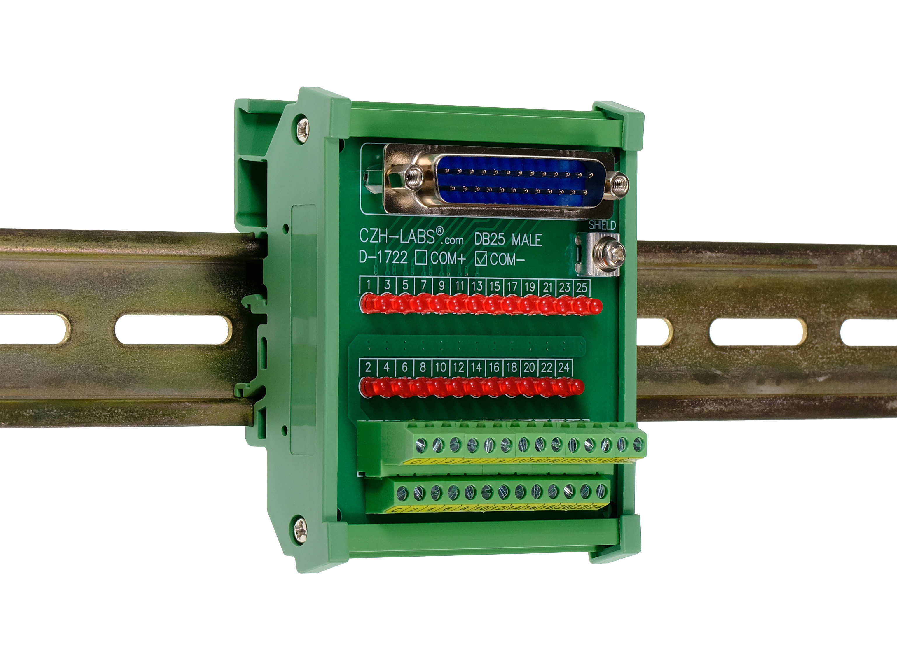 Male DB25 Interface Module, COM- with LEDs For Circuit Indication, DIN 41652/IEC60807 D-SUB Breakout Board Module, DIN Rail Mount