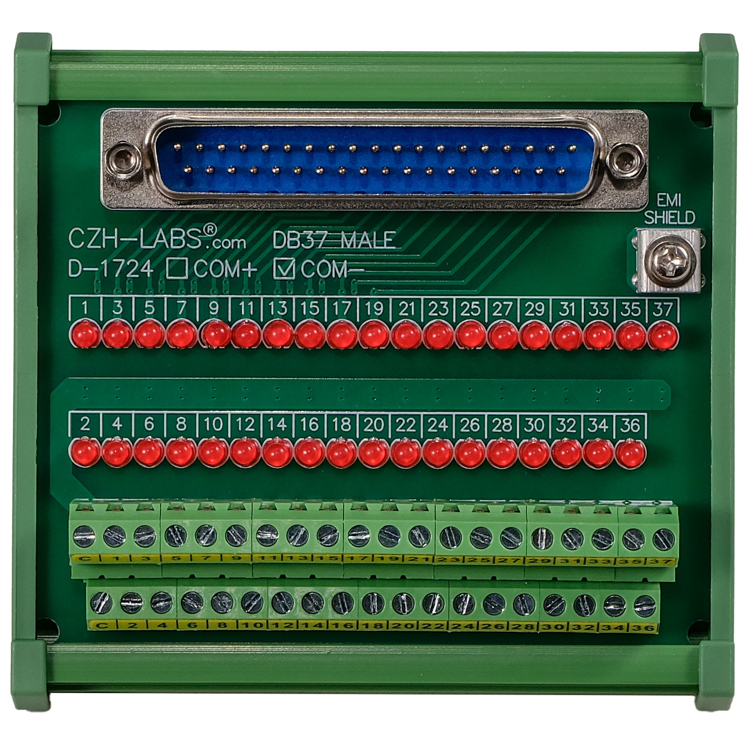Male DB37 Interface Module, COM- with LEDs For Circuit Indication, DIN 41652/IEC60807 D-SUB Breakout Board Module, DIN Rail Mount