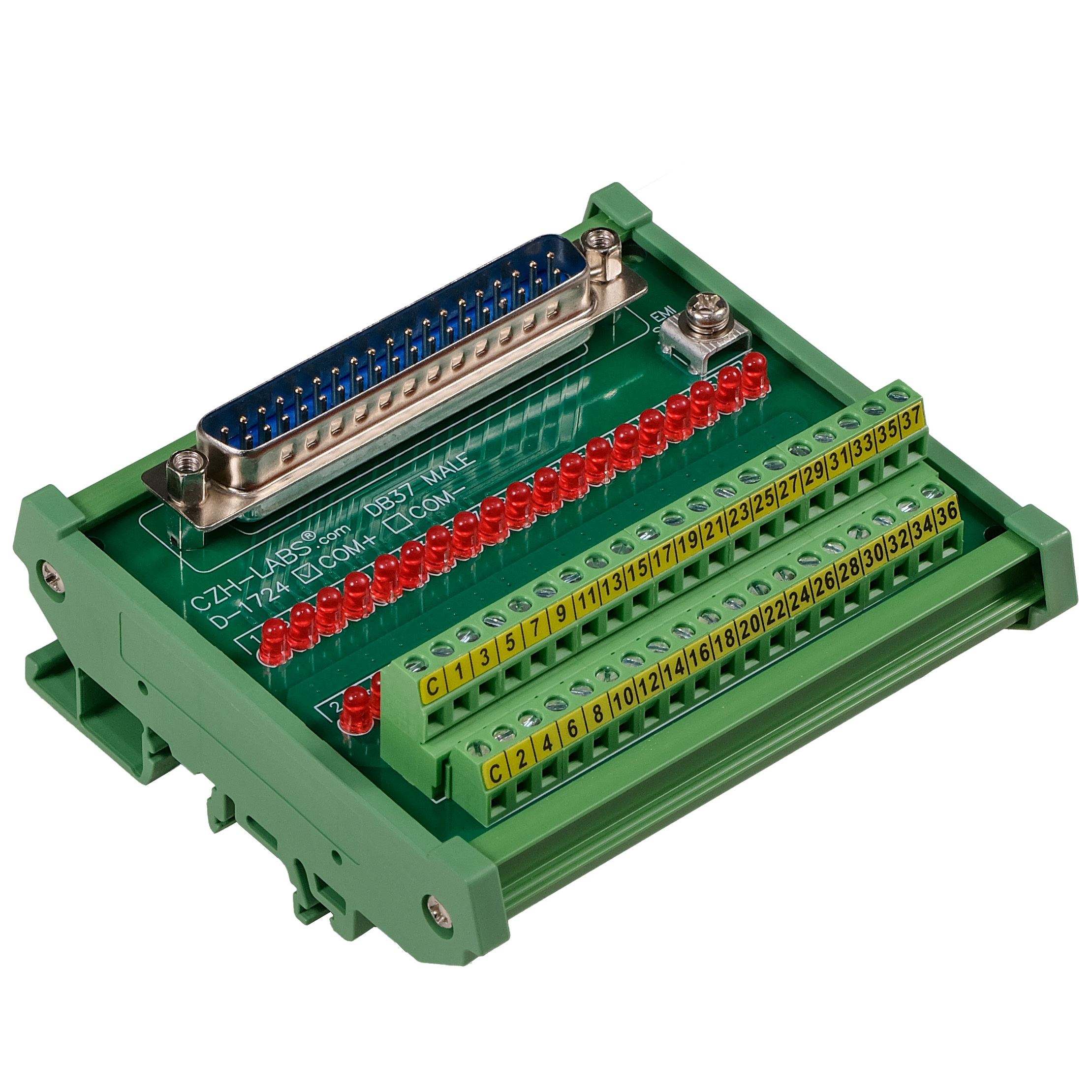 Male DB37 Interface Module, COM+ with LEDs For Circuit Indication, DIN 41652/IEC60807 D-SUB Breakout Board Module, DIN Rail Mount