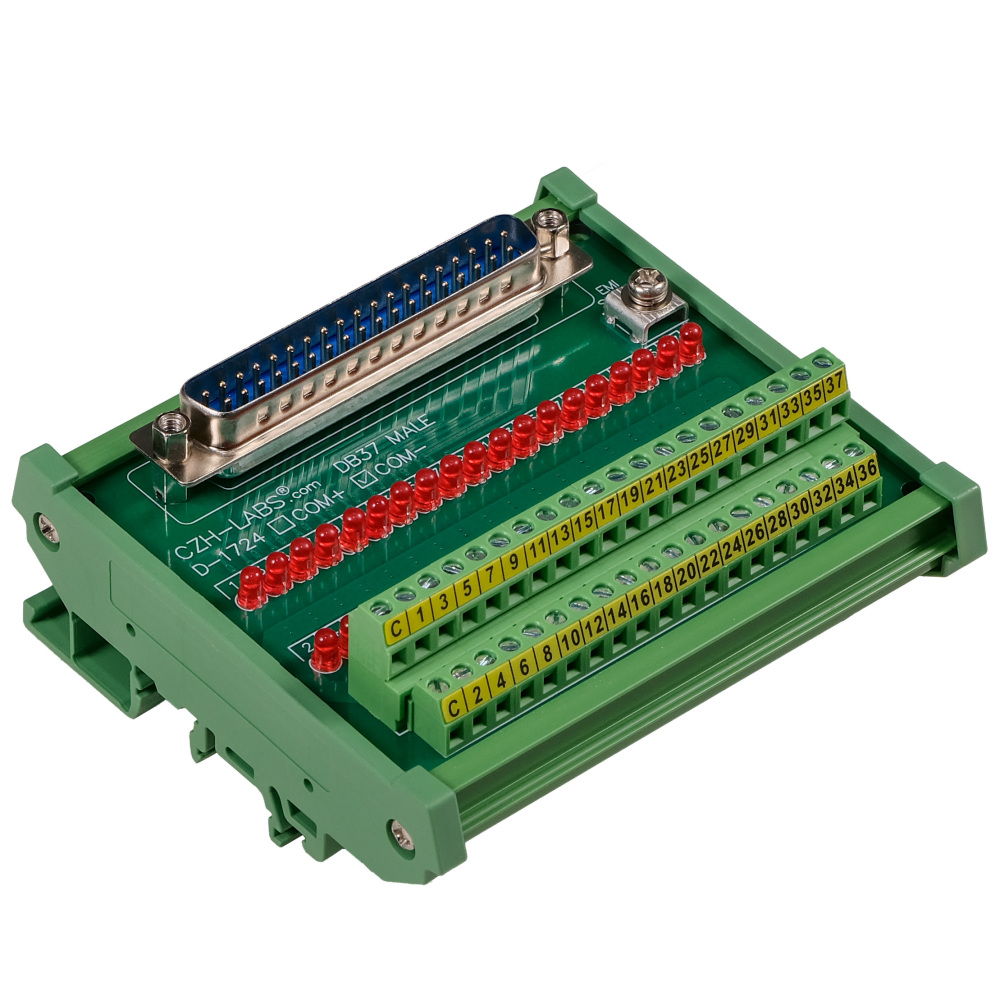 Male DB37 Interface Module, COM- with LEDs For Circuit Indication, DIN 41652/IEC60807 D-SUB Breakout Board Module, DIN Rail Mount