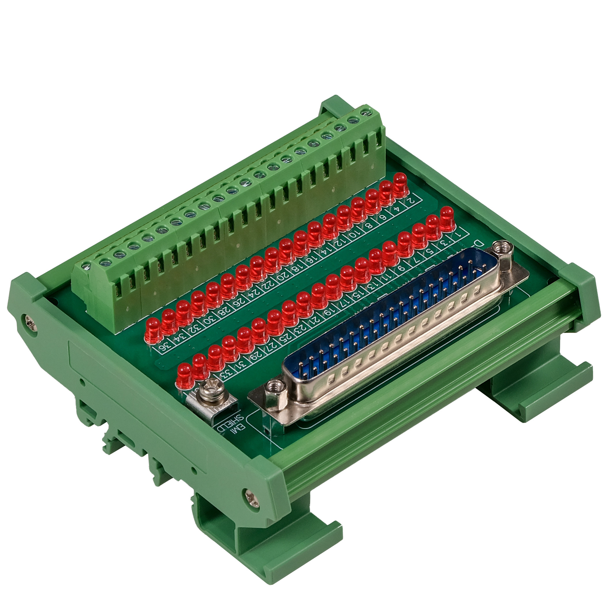 Male DB37 Interface Module, COM- with LEDs For Circuit Indication, DIN 41652/IEC60807 D-SUB Breakout Board Module, DIN Rail Mount
