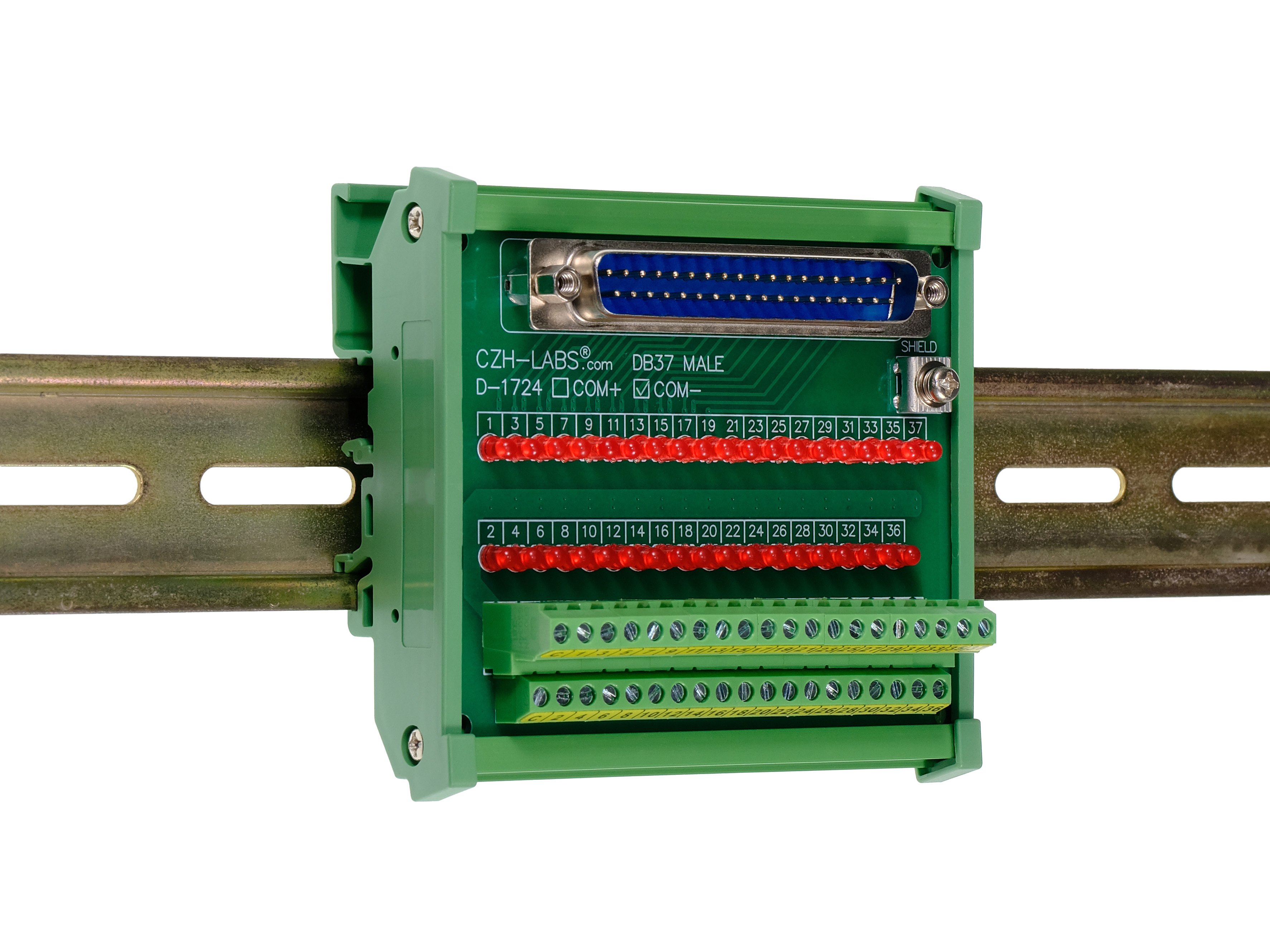 Male DB37 Interface Module, COM- with LEDs For Circuit Indication, DIN 41652/IEC60807 D-SUB Breakout Board Module, DIN Rail Mount