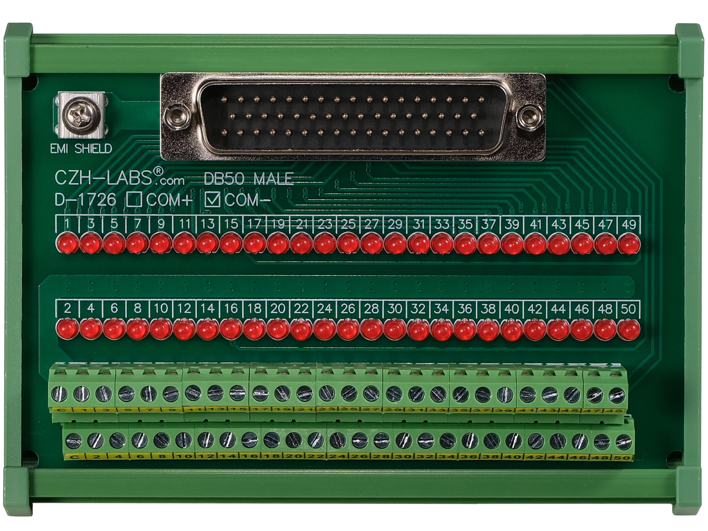 Male DB50 Interface Module, COM- with LEDs For Circuit Indication, DIN 41652/IEC60807 D-SUB Breakout Board Module, DIN Rail Mount
