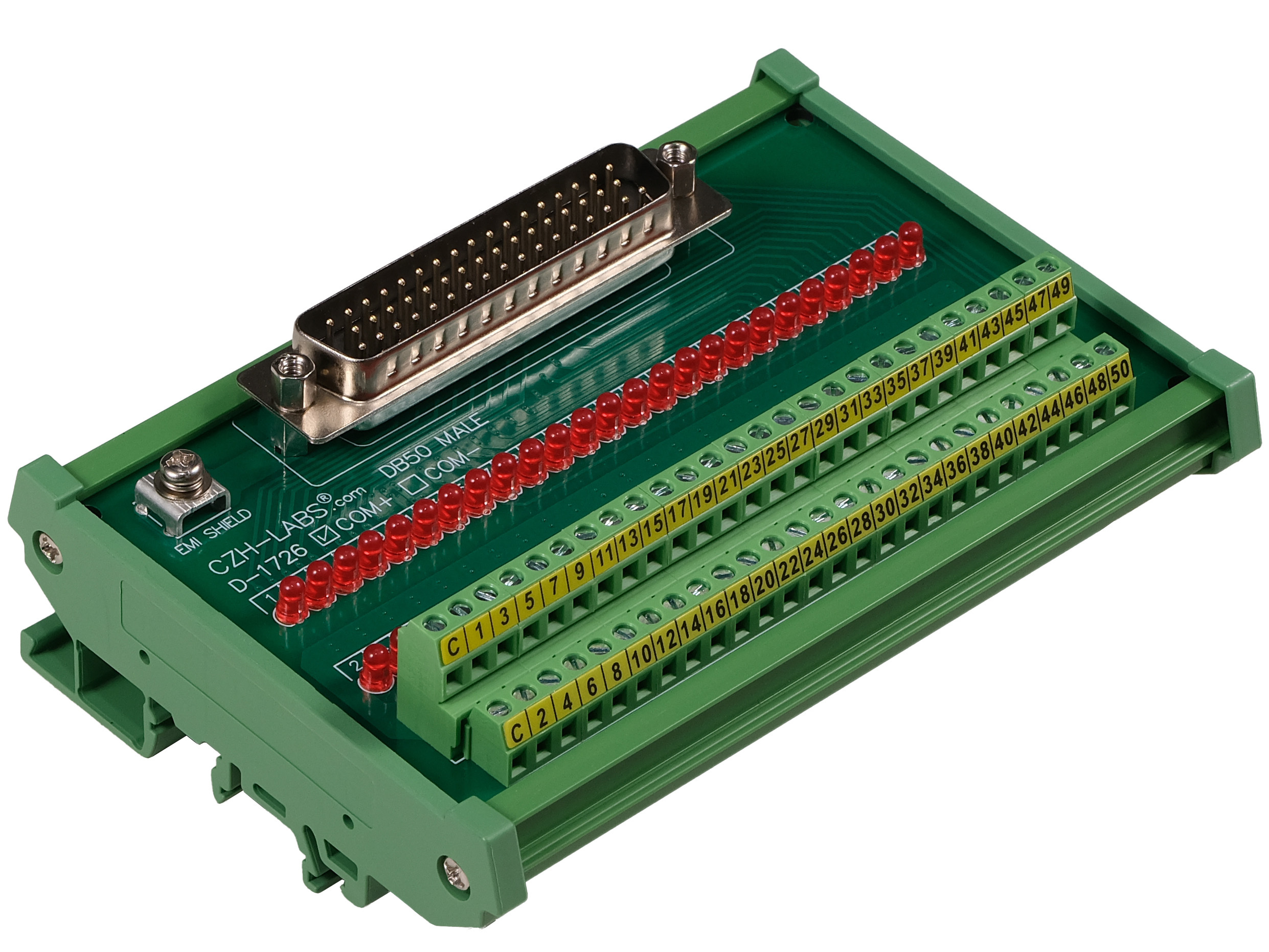Male DB50 Interface Module, COM+ with LEDs For Circuit Indication, DIN 41652/IEC60807 D-SUB Breakout Board Module, DIN Rail Mount