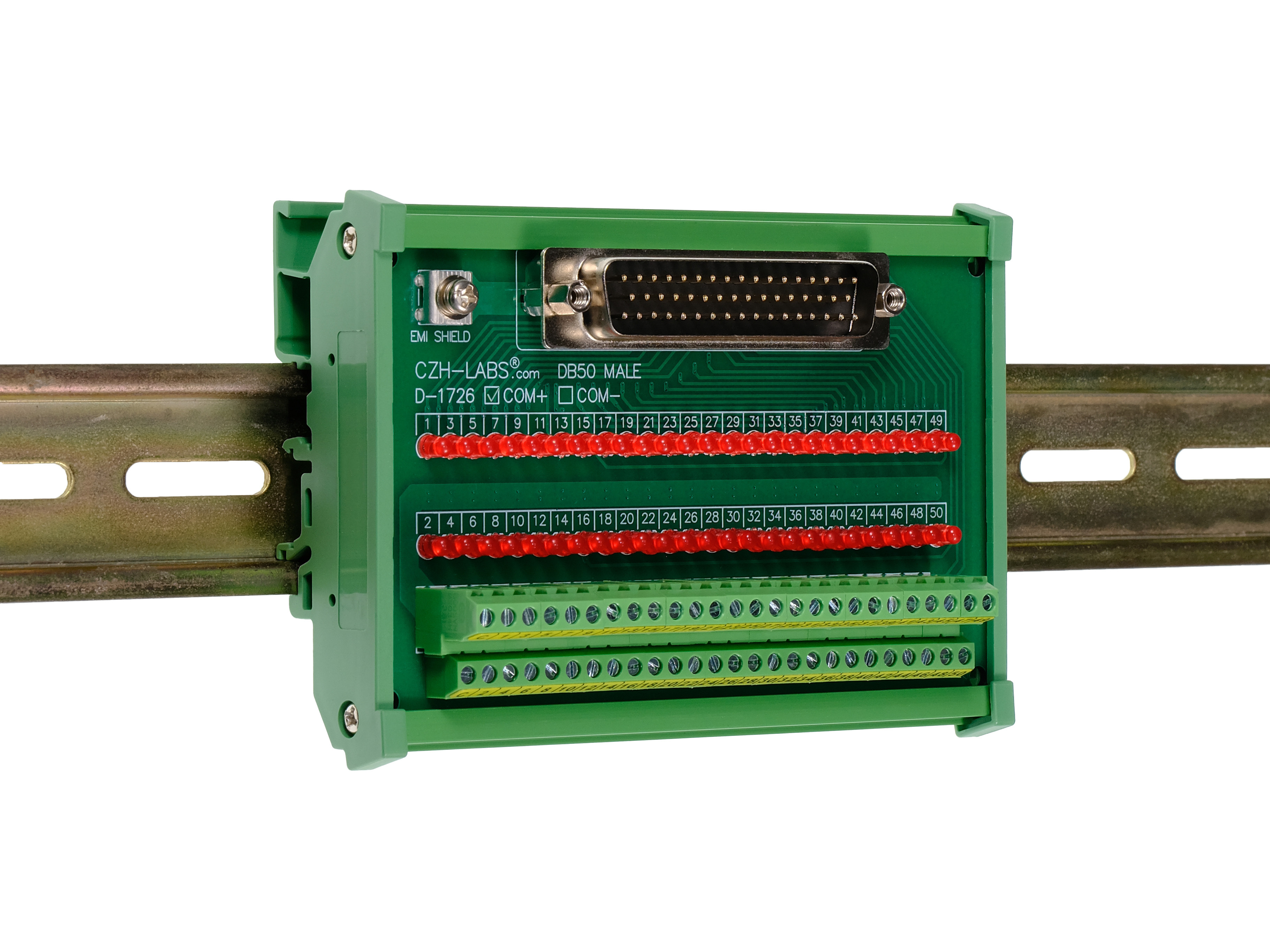 Male DB50 Interface Module, COM+ with LEDs For Circuit Indication, DIN 41652/IEC60807 D-SUB Breakout Board Module, DIN Rail Mount