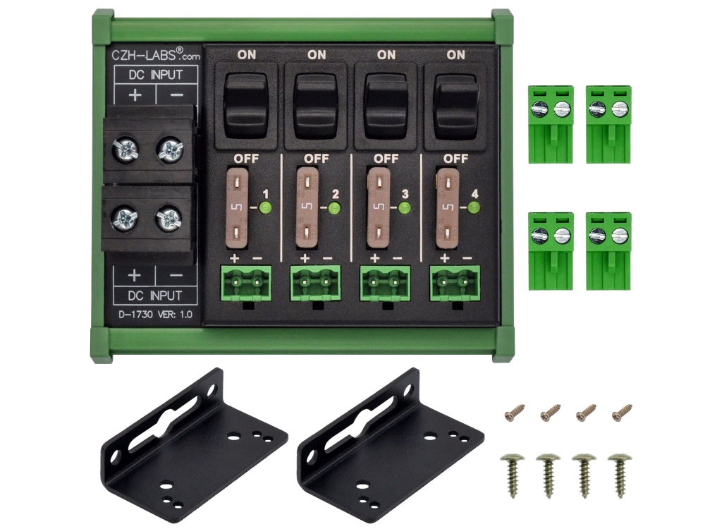 DC Power Distribution Module, 52Amp 4 Channel, Paddle Switch, Fused, Pluggable Top Wiring Terminal Block, DIN Rail and Screw Mount