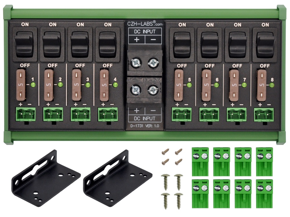 DC Power Distribution Module, 52Amp 8 Channel, Paddle Switch, Fused, Pluggable Top Wiring Terminal Block, DIN Rail and Screw Mount