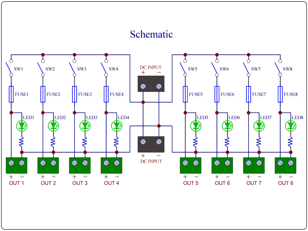 DC Power Distribution Module, 52Amp 8 Channel, Paddle Switch, Fused, Pluggable Top Wiring Terminal Block, DIN Rail and Screw Mount