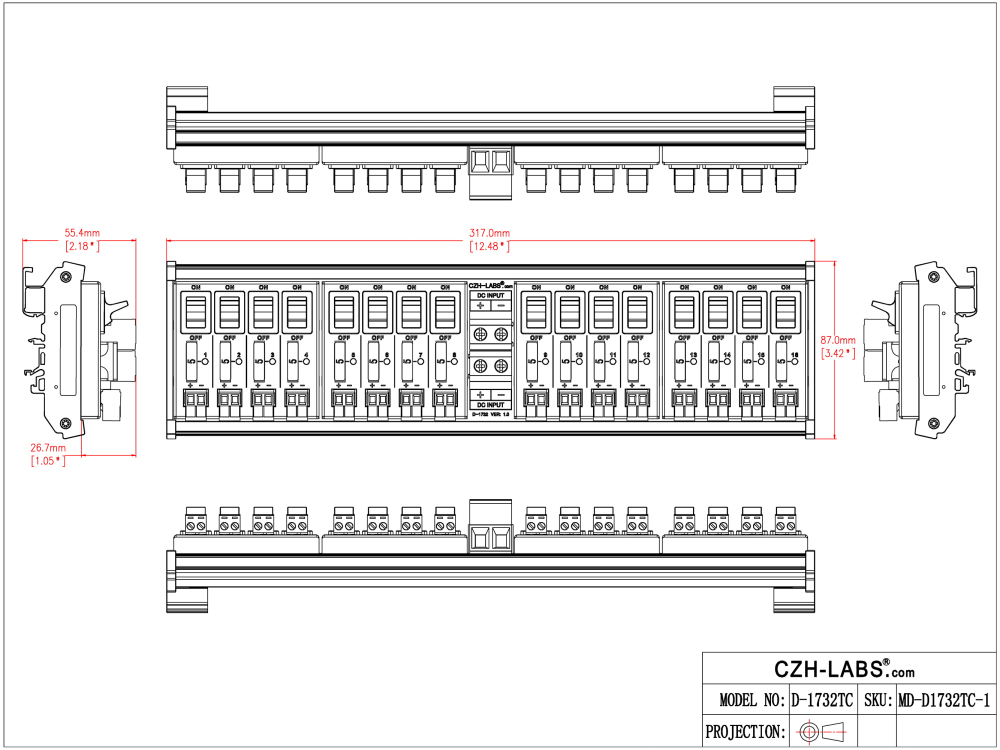 DC Power Distribution Module, 52Amp 16 Channel, Paddle Switch, Fused, Pluggable Top Wiring Terminal Block, DIN Rail and Screw Mount