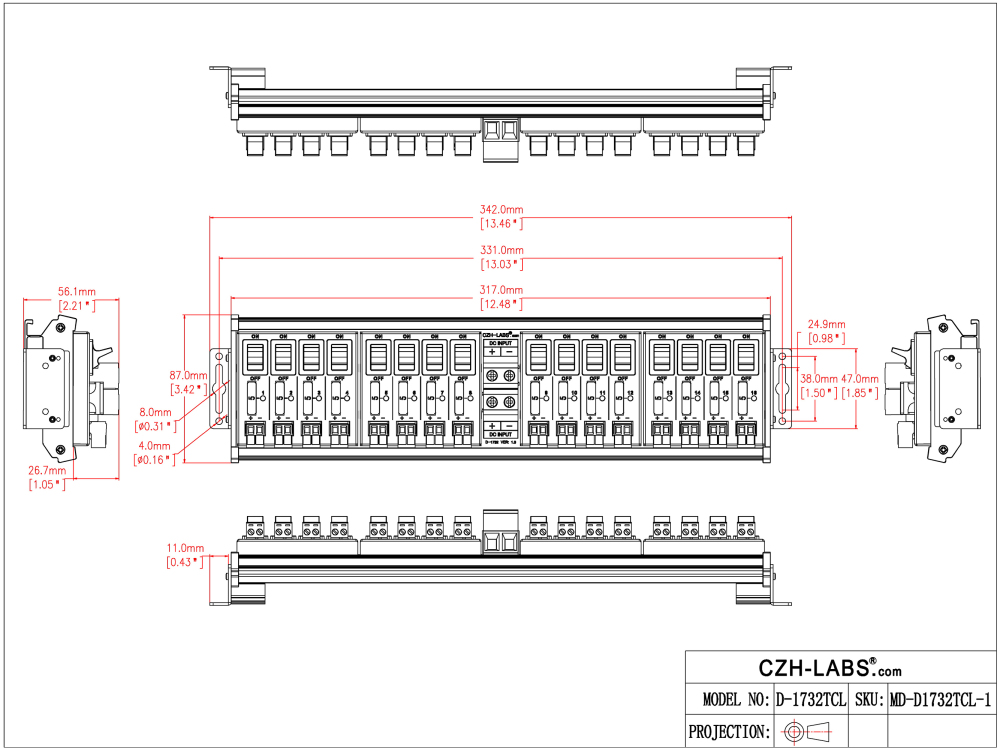 DC Power Distribution Module, 52Amp 16 Channel, Paddle Switch, Fused, Pluggable Top Wiring Terminal Block, DIN Rail and Screw Mount