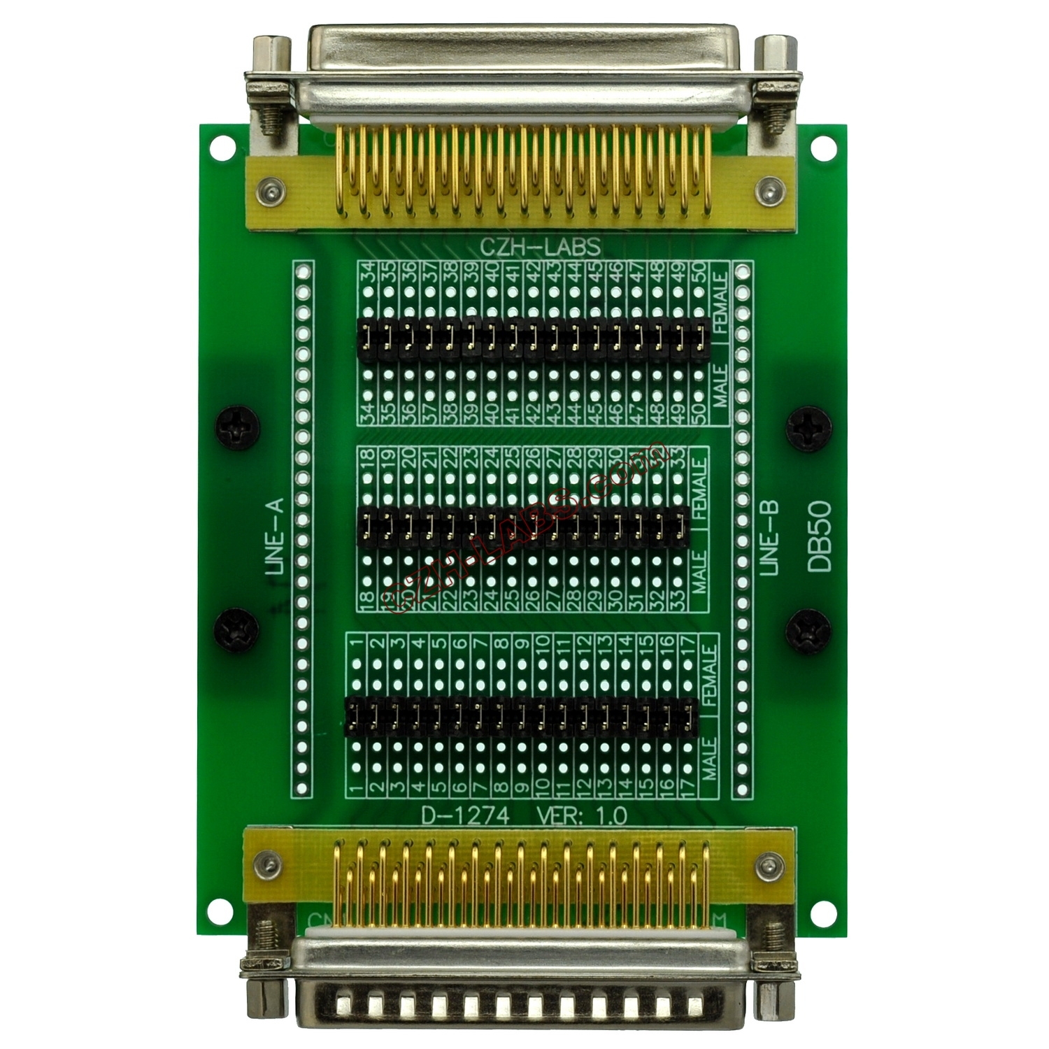 CZH-LABS DIN Rail Mount D'sub DB50 Diagnostic Test Breakout Board, DSUB DB50 Connector Male to Female.