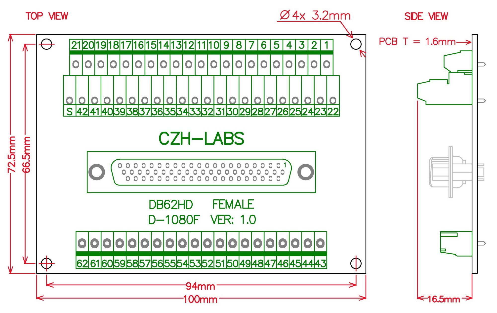 CZH-LABS D-SUB DB62HD Female Header Breakout Board, DSUB.