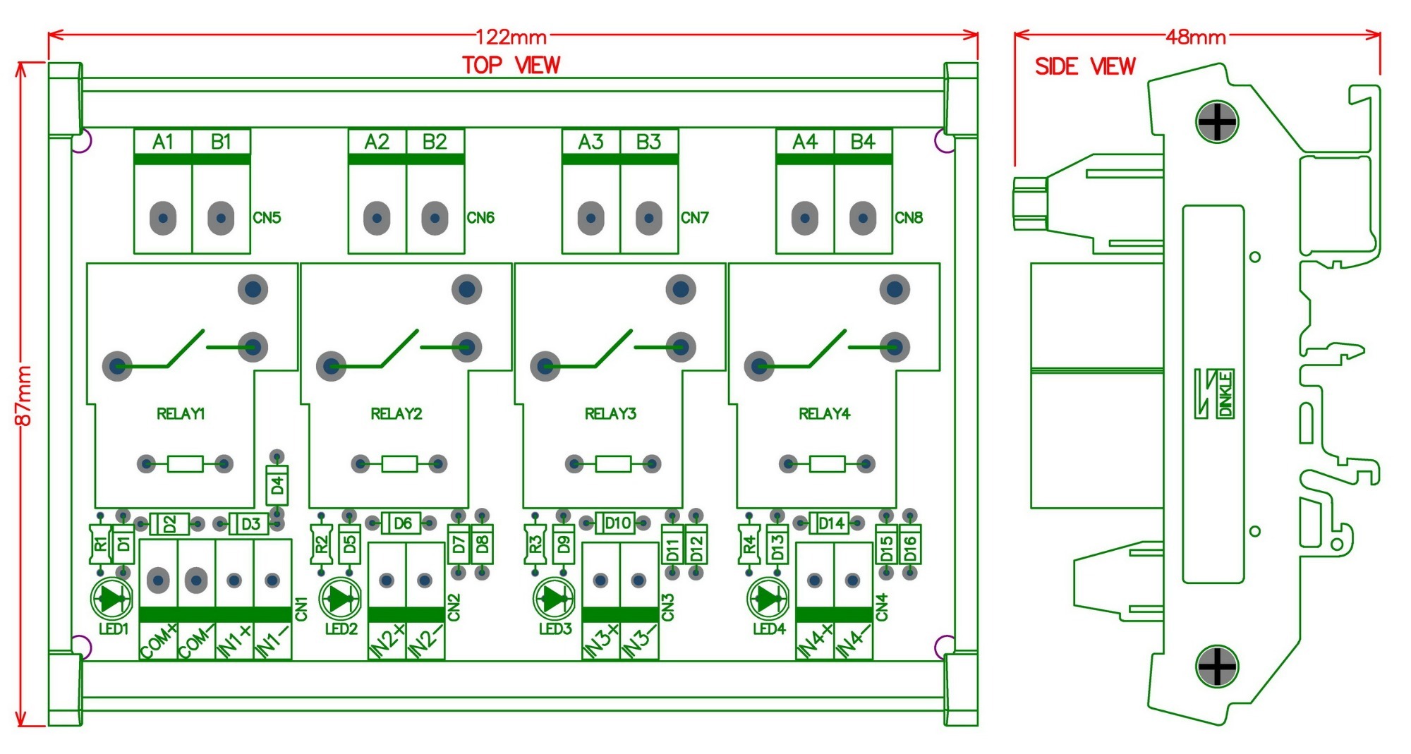 CZH-Labs DIN Rail Mount 12V Passive 4 SPST-NO 30Amp Power Relay Module.