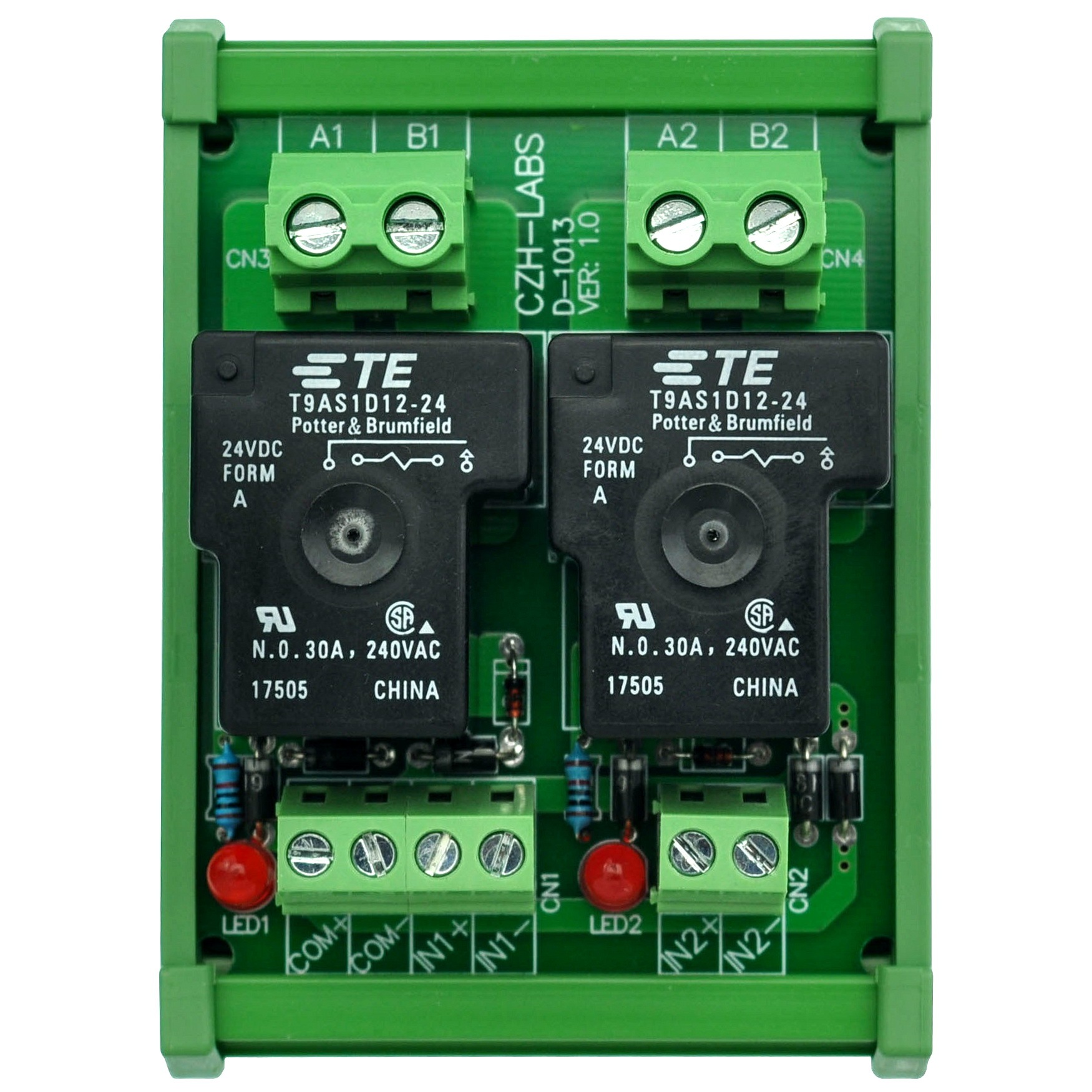 CZH-Labs DIN Rail Mount 24V Passive 2 SPST-NO 30Amp Power Relay Module.