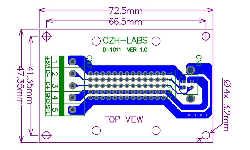 CZH-LABS USB Type B Female Vertical Jack Breakout Board, Terminal Block Connector.