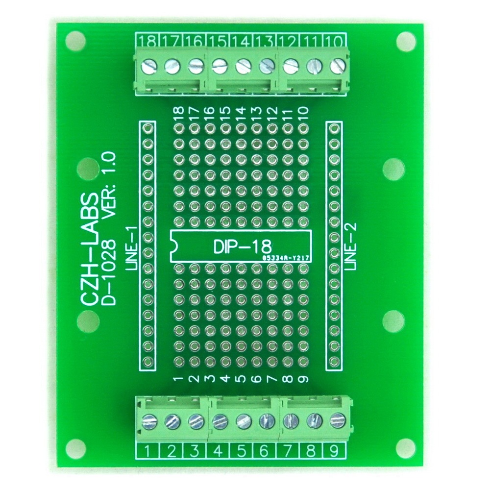 DIP-18 Component to Screw Terminal Adapter Board, w/HQ DIN Rail Mount Carrier.