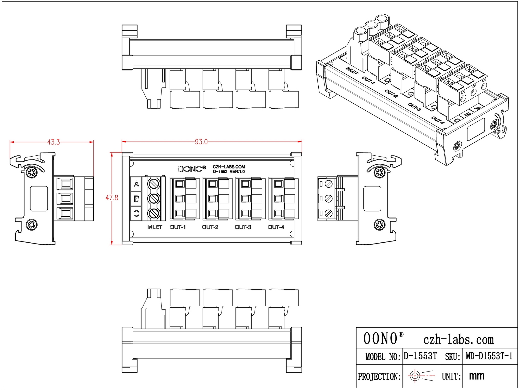 DIN Rail Mount 30A/300V 4x3 Position Pluggable Terminal Block Distribution Module, OONO D-1553T