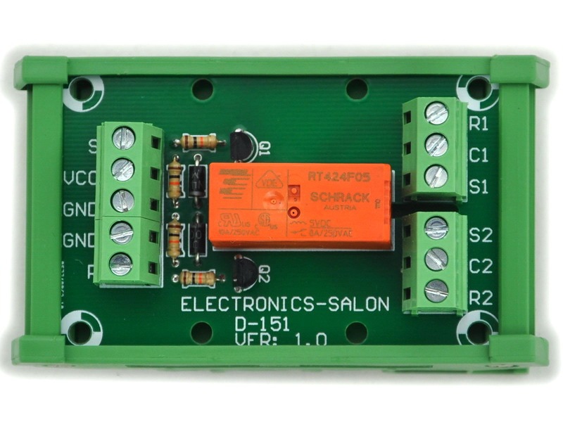 ELECTRONICS-SALON Bistable/Latching DPDT 8 Amp Relay Module, DC5V Coil, with DIN Rail Carrier Housing