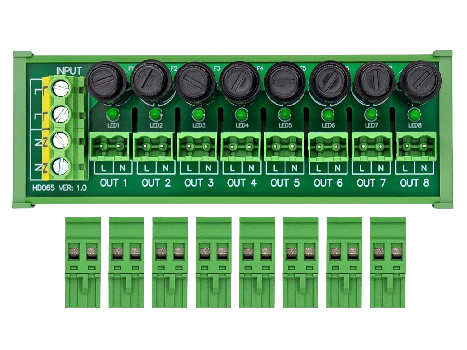 DIN Rail Mount AC 24-250V 8 Channel Pluggable Side Wiring Terminal Block Power Distribution Fuse Module, HCDC HD065RT
