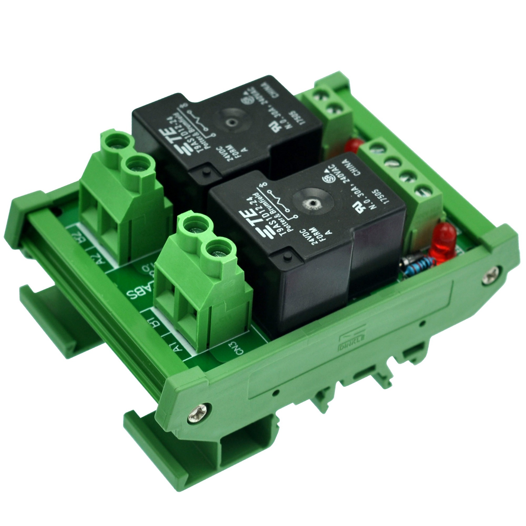 CZH-Labs DIN Rail Mount 24V Passive 2 SPST-NO 30Amp Power Relay Module.