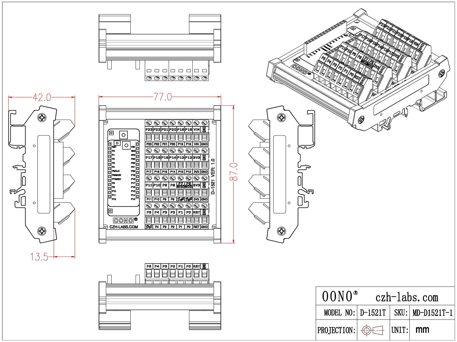 DIN Rail Mount Terminal Block Breakout Module Board for Pycom WiPy LoPy SiPy FiPy