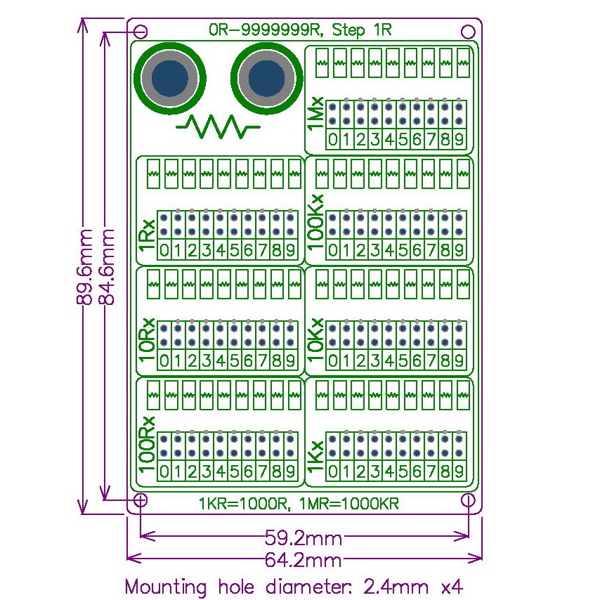ELECTRONICS-SALON 1R - 9999999R Seven Decade Programmable Resistor Board, Step 1R, 1%, 1/4W.