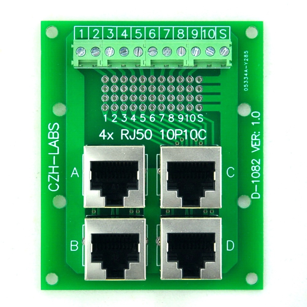 CZH-LABS RJ50 10P10C 4-Way Buss Board Interface Module with Simple DIN Rail Mount Bracket