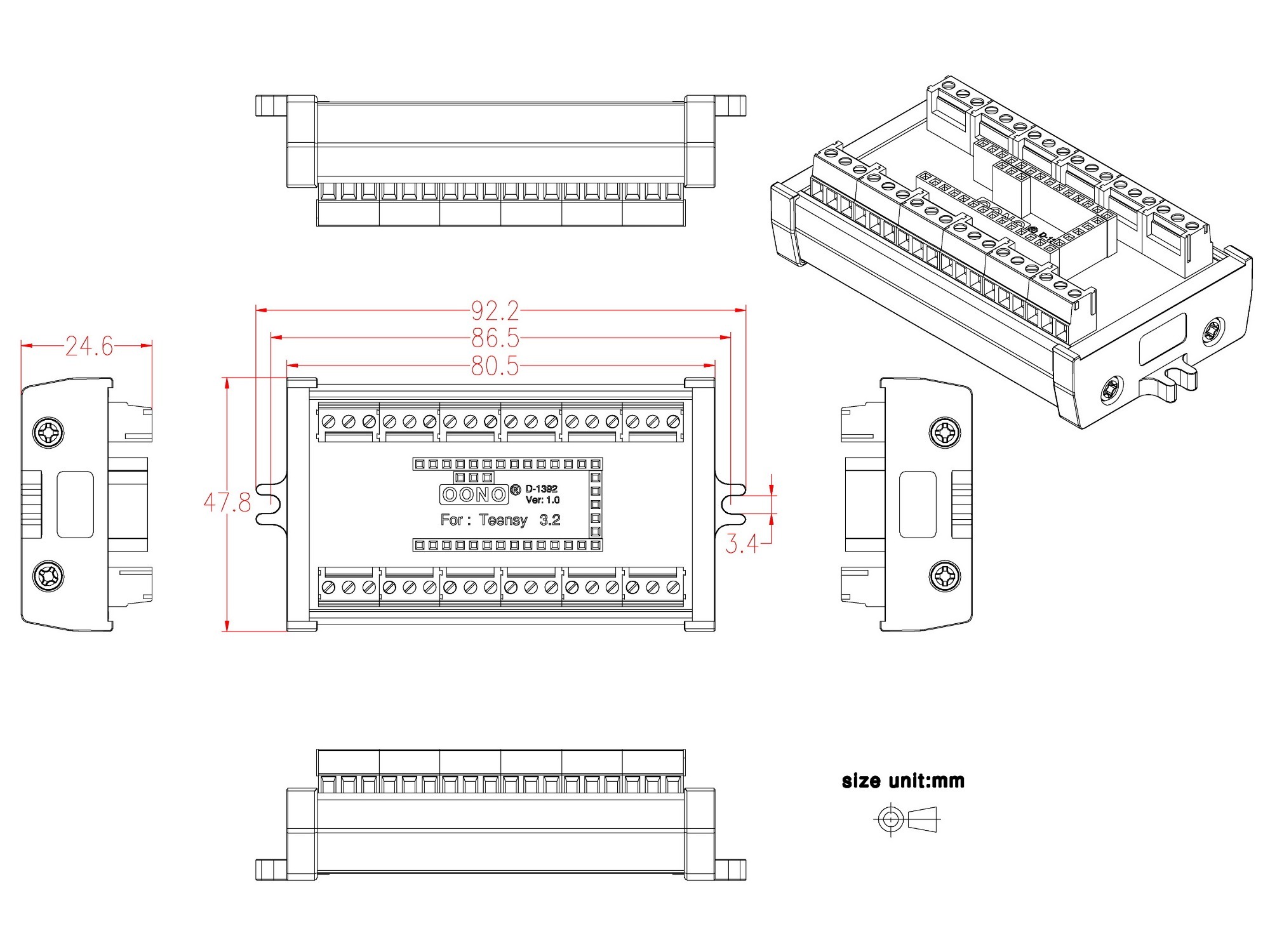 Terminal Block Breakout Board Module for Teensy 3.2, Screw Mount Version