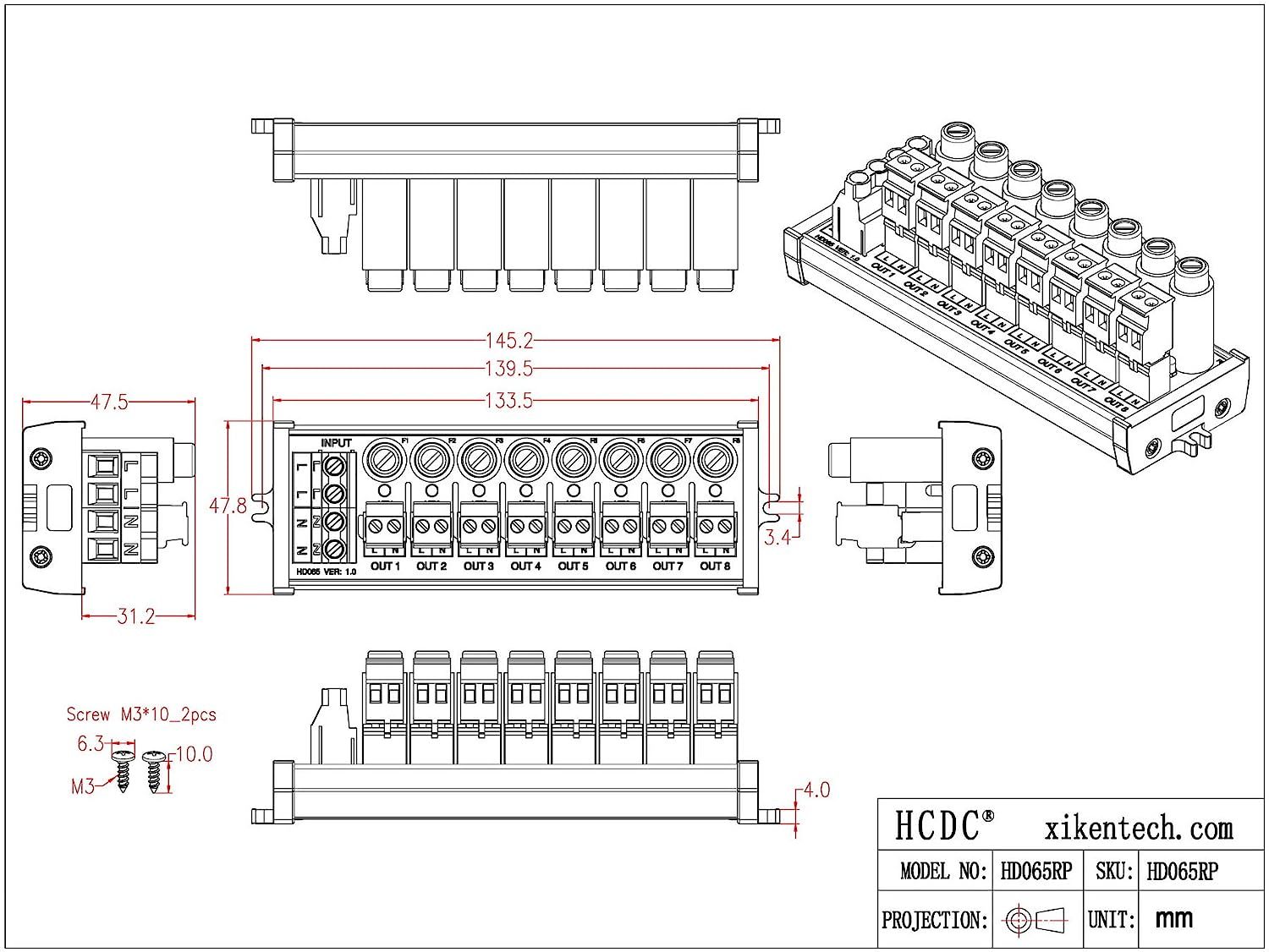 Screw Mount AC 24-250V 8 Channel Pluggable Side Wiring Terminal Block Power Distribution Fuse Module, HCDC HD065RP