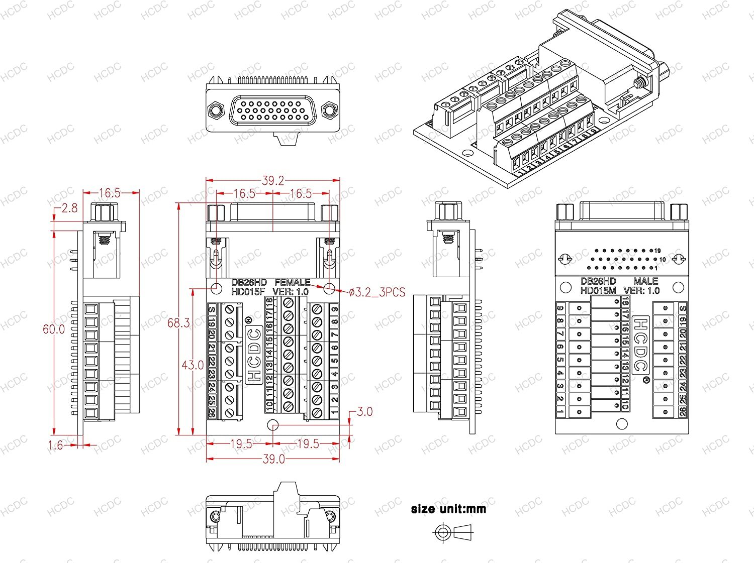 Slim Right Angle D-SUB Header Breakout Board Terminal Block DSUB Connector Module (DB26HD Female)