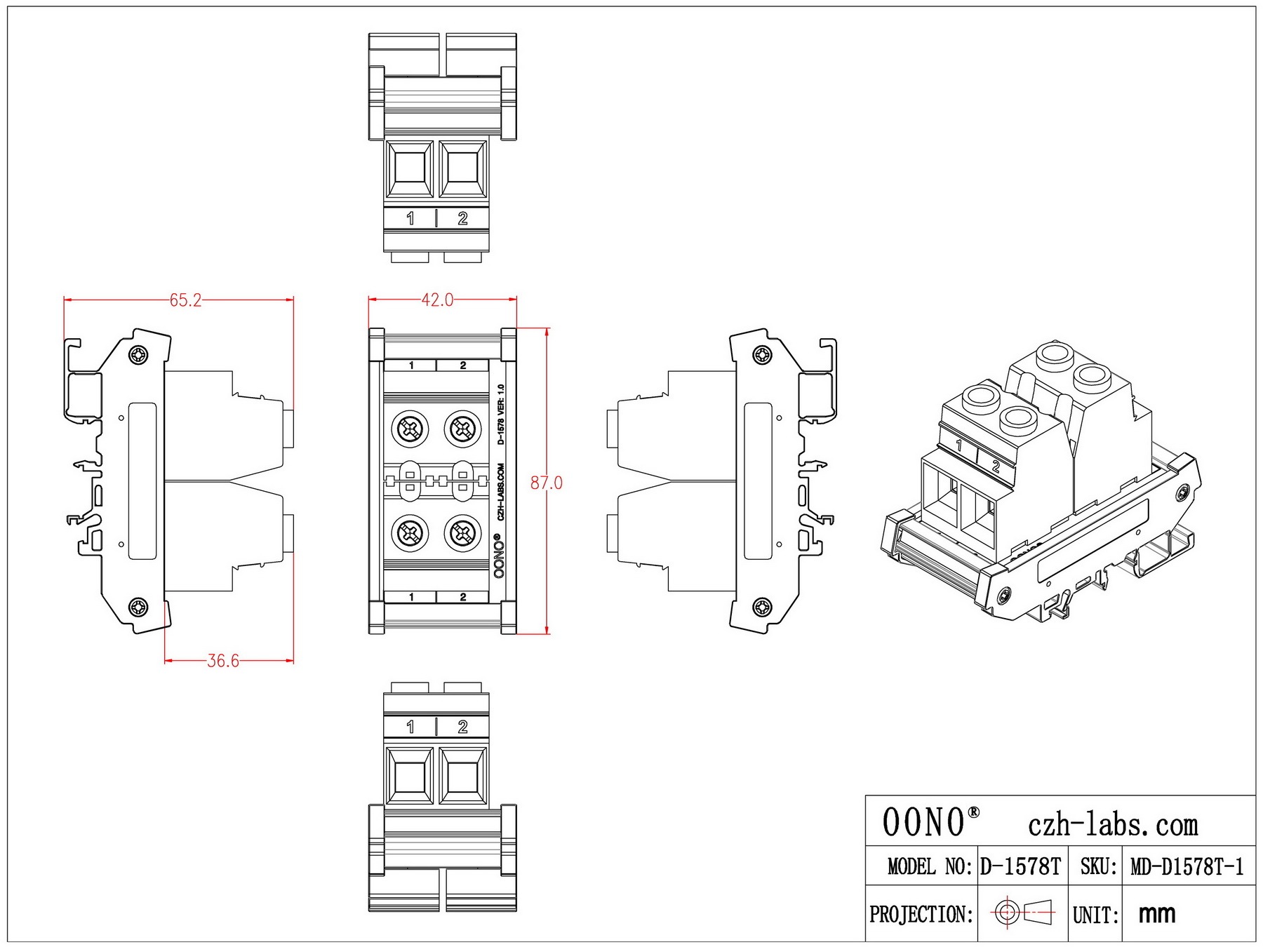 DIN Rail Mount 90Amp 600V 2 Position Screw Terminal Block Distribution Module