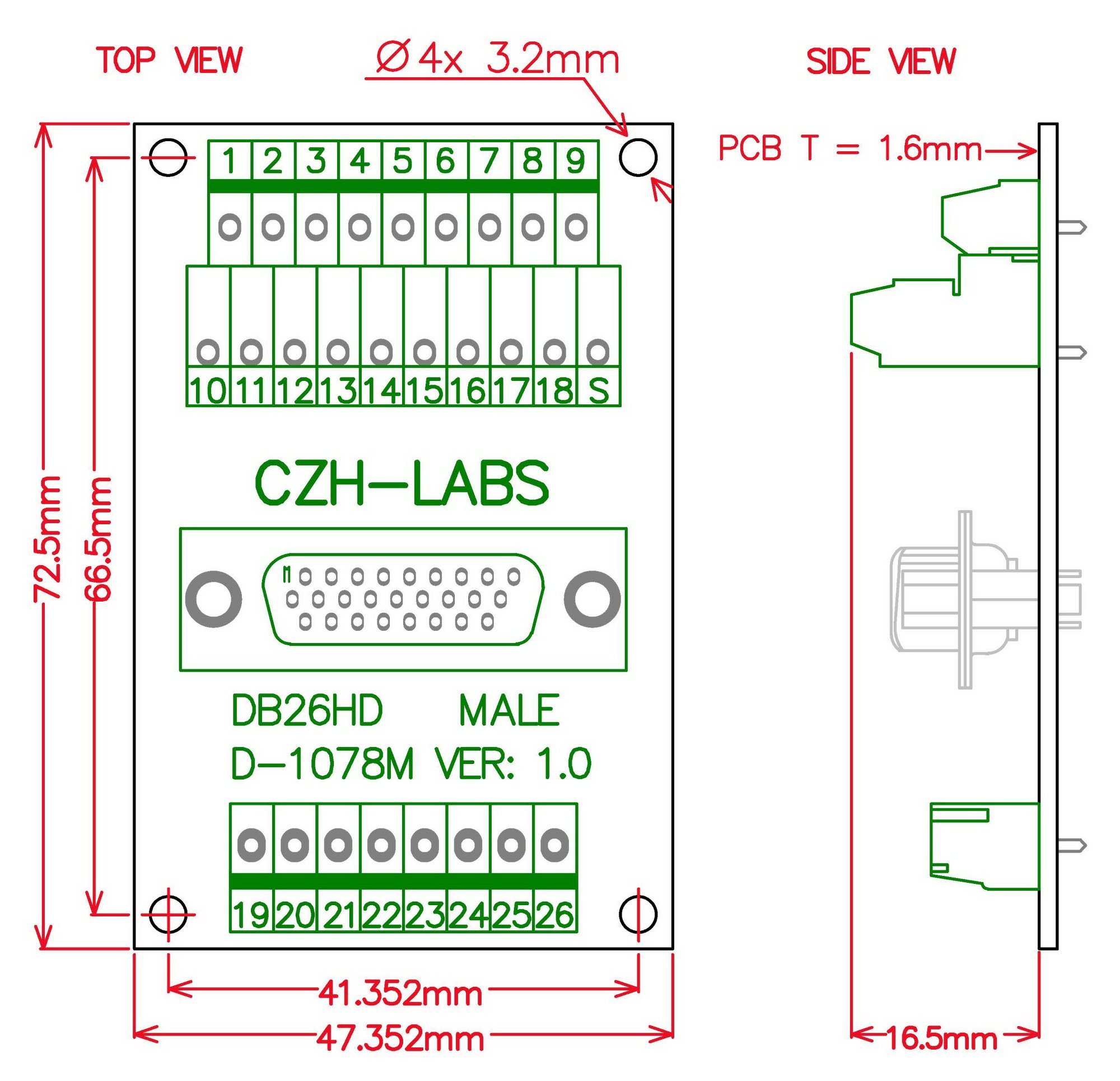 CZH-LABS D-SUB DB26HD Male Header Breakout Board, DSUB.