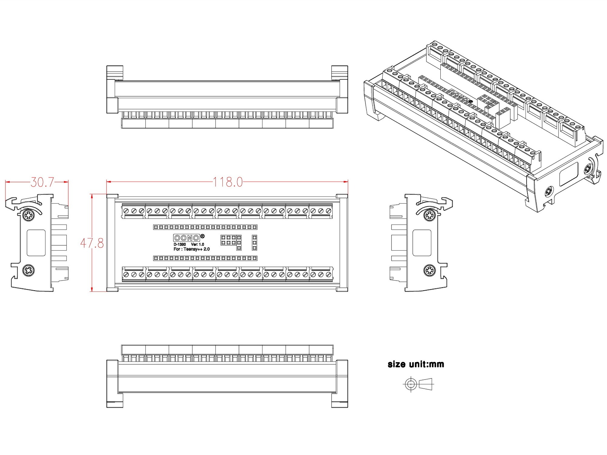 Terminal Block Breakout Board Module for Teensy++ 2.0, DIN Rail Mount Version