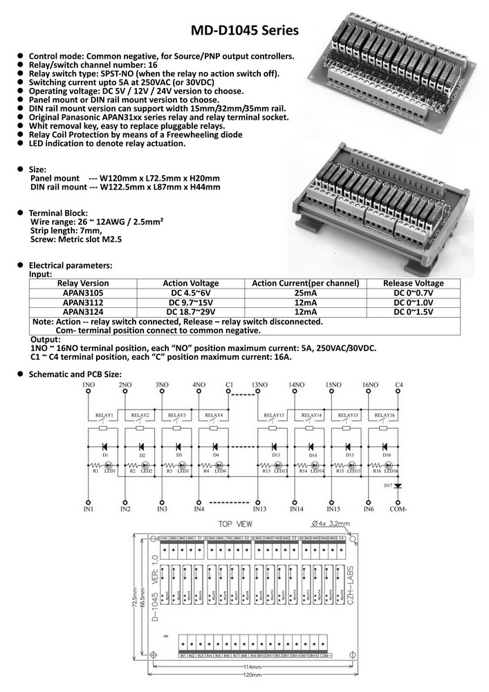 CZH-LABS Slim DIN Rail Mount DC24V Source/PNP 16 SPST-NO 5A Power Relay Module, APAN3124