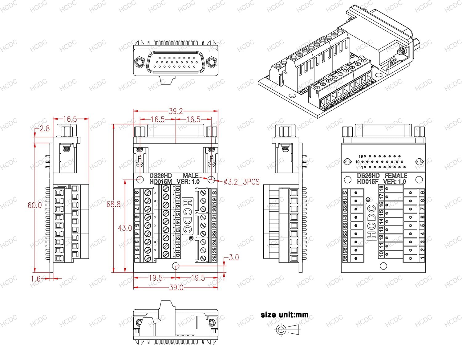 Slim Right Angle D-SUB Header Breakout Board Terminal Block DSUB Connector Module (DB26HD Male)