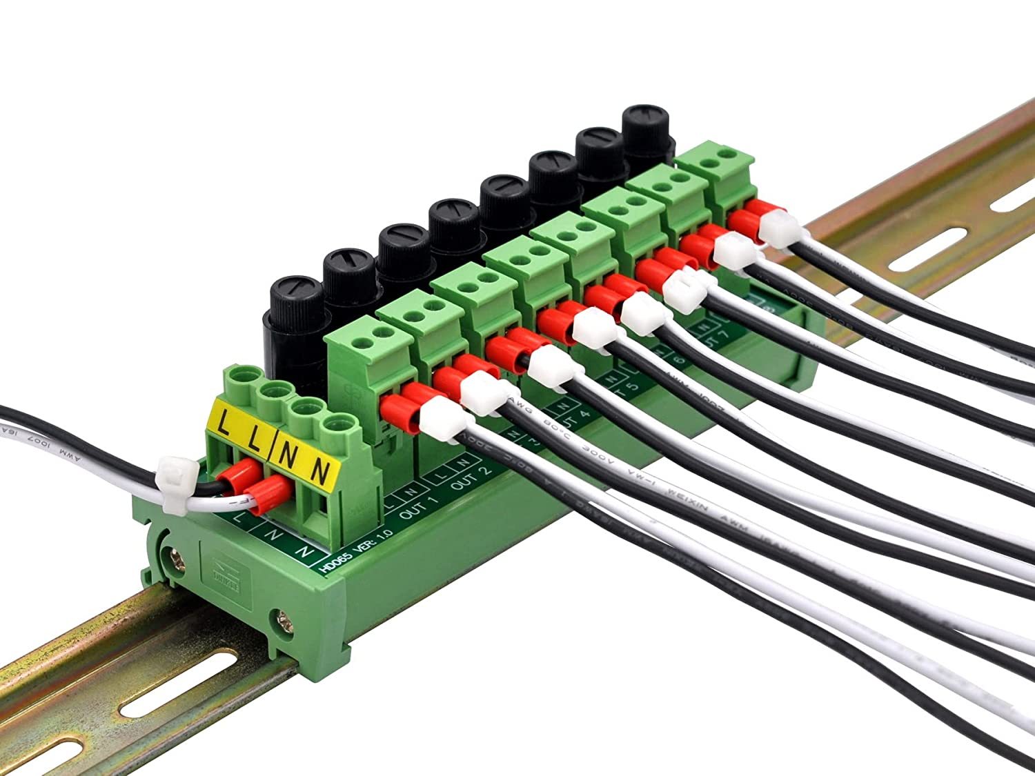 DIN Rail Mount AC 24-250V 8 Channel Pluggable Side Wiring Terminal Block Power Distribution Fuse Module, HCDC HD065RT