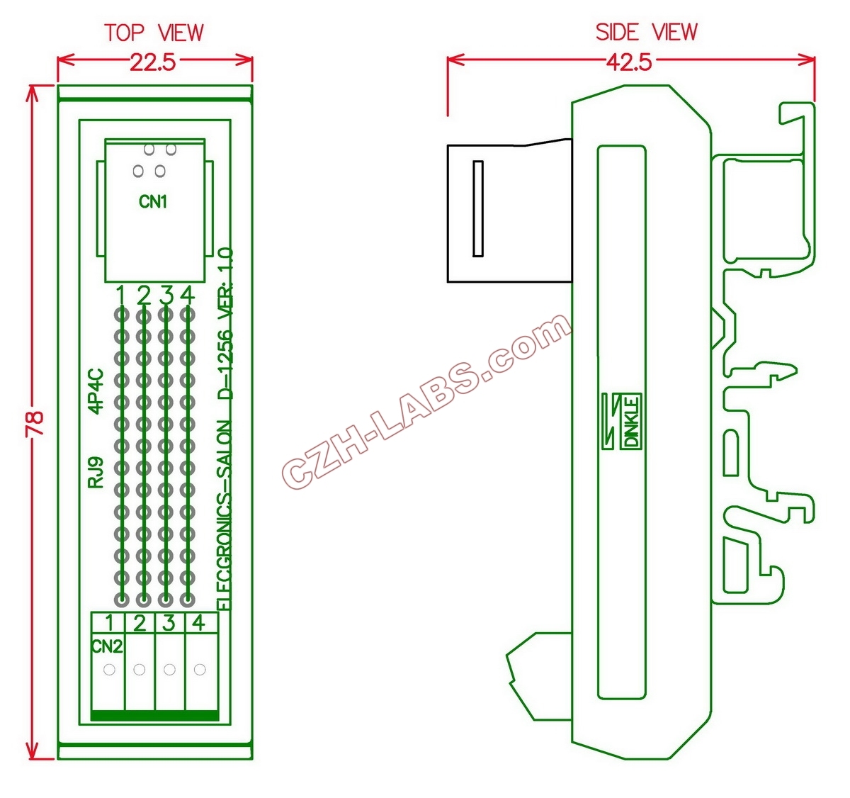 Slim DIN Rail Mount RJ9 4P4C Breakout Board Interface Module.