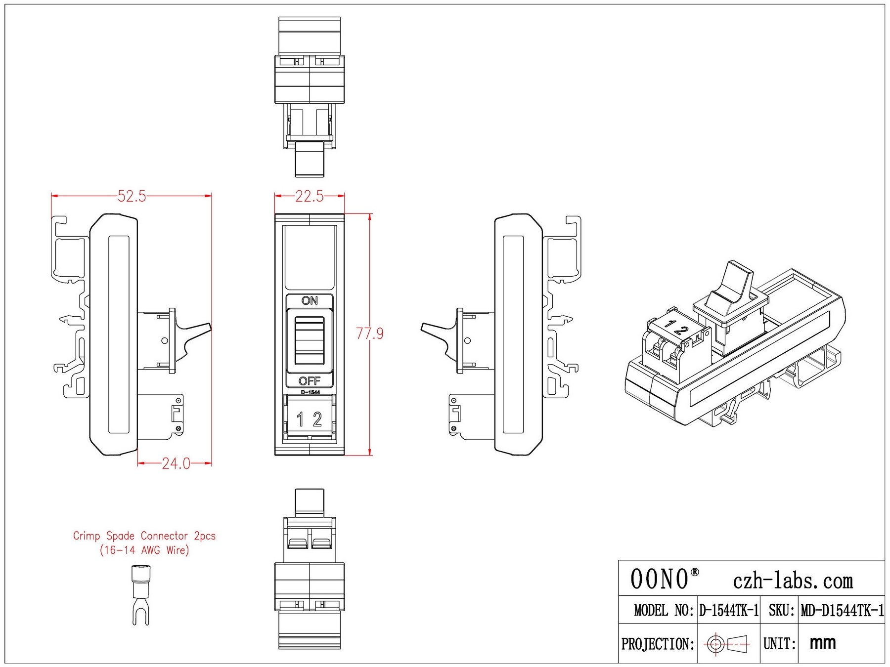 DIN Rail Mount 1 Channel Paddle Rocker Switch Module, 10Amp 250VAC / 50VDC
