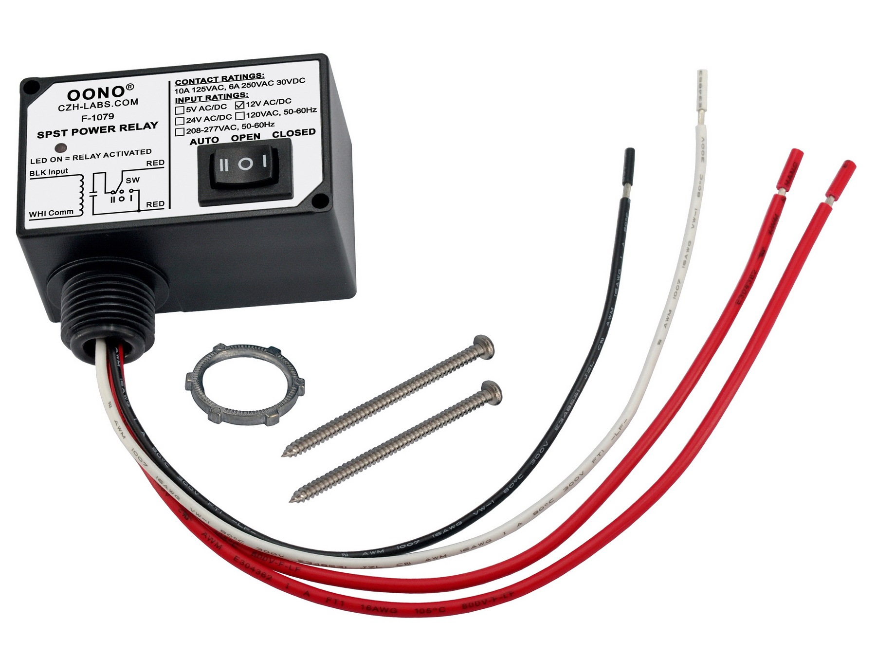 AC/DC 12V Power Relay Module SPSP-NO + Override Switch, 10Amp 125VAC, 6A 250VAC/30Vdc, Plastic Enclosure and Pre-wired, OONO F-1079