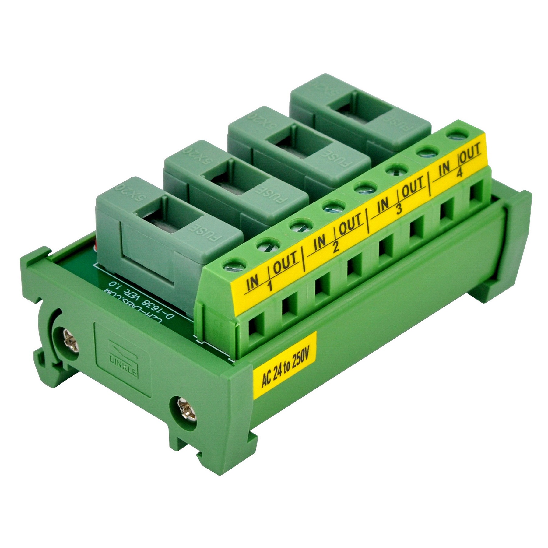 DIN Rail Mount AC 24 - 250V 4 Channel Fuse Module, OONO D-1638AT