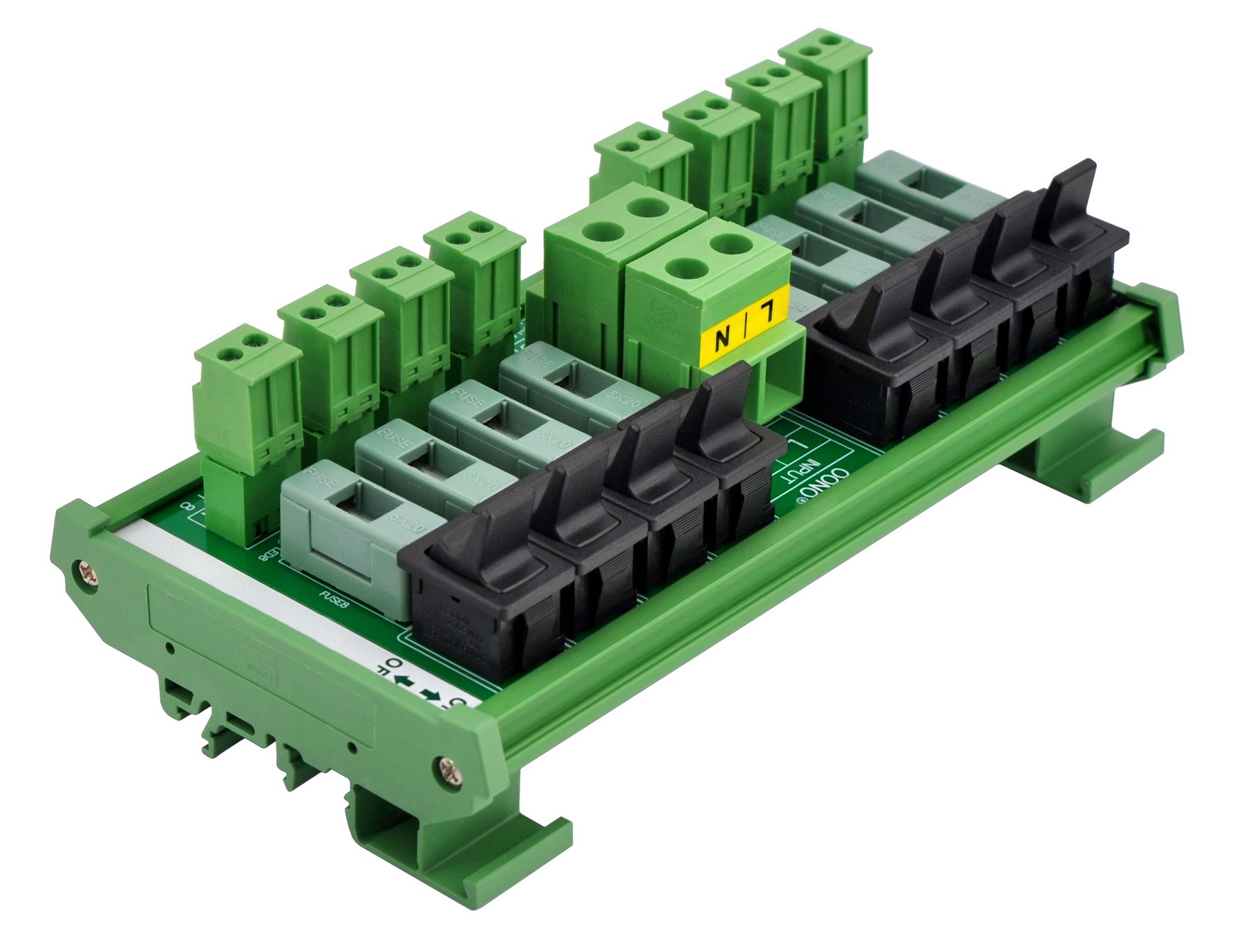 AC 52 Amp 8 Channel Power Distribution Module, Paddle Switch, Fused, Pluggable Side Wiring Terminal Block, DIN Rail and Screw Mount