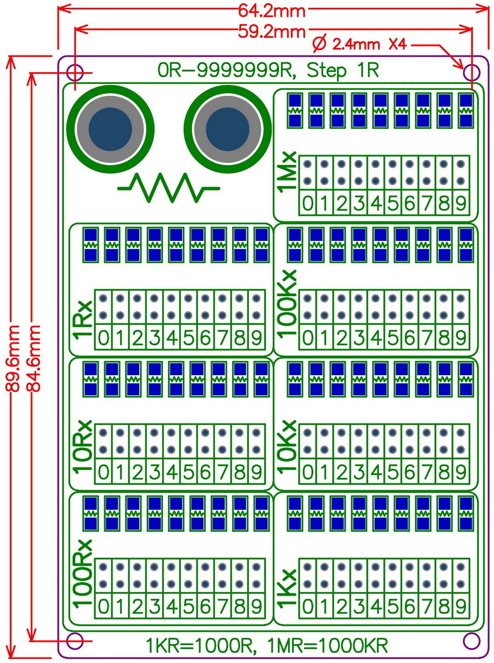 ELECTRONICS-SALON 1R - 9999999R Seven Decade Programmable Resistor Board, Step 1R, 1%, 1/4W.