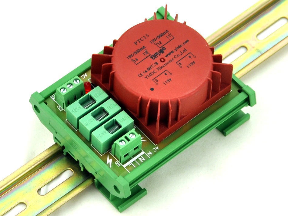 CZH P 115VAC, S 2x 15VAC, 15VA DIN Rail Mount Toroidal Power Transformer Module.