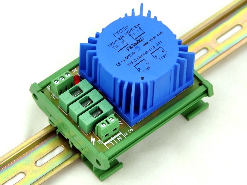 CZH P 230VAC, S 2x 15VAC, 25VA DIN Rail Mount Toroidal Power Transformer Module.