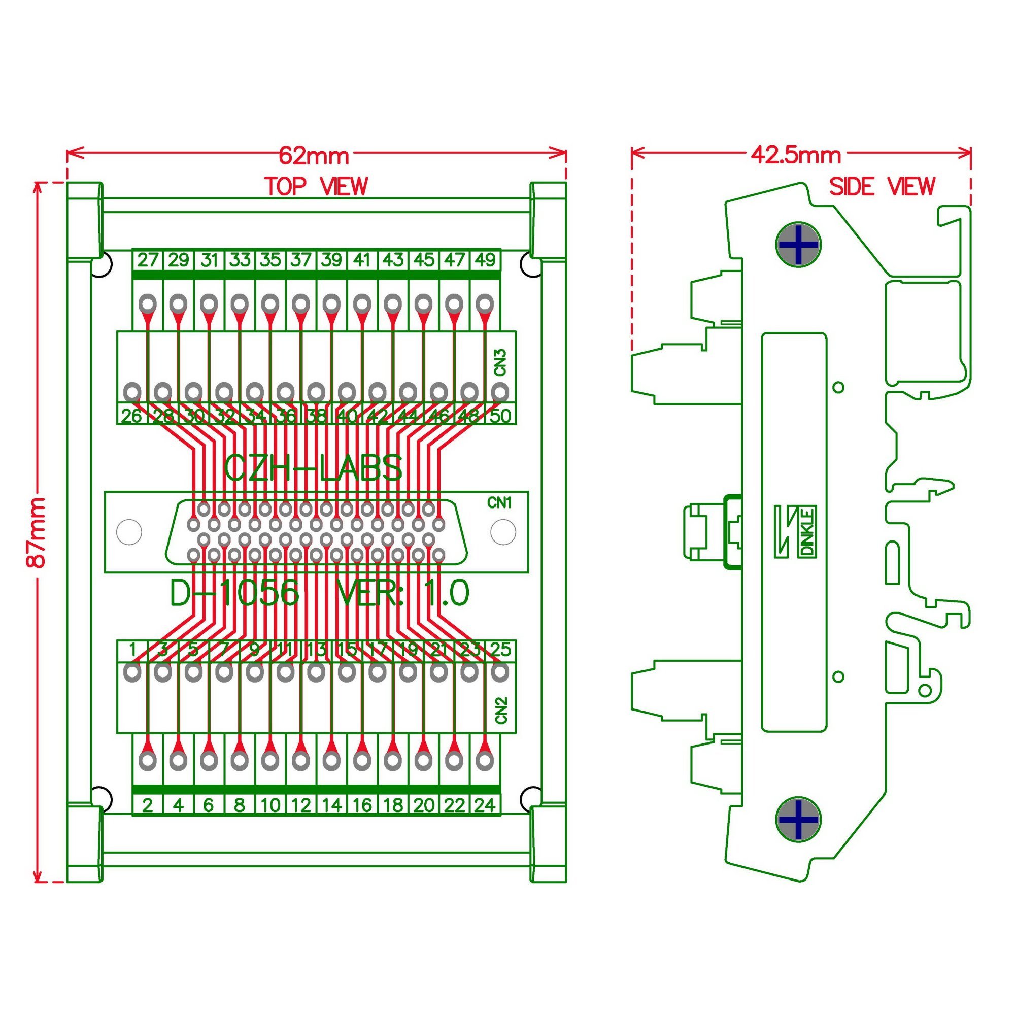 CZH-LABS DIN Rail Mount 50-pin 0.05" Mini D Ribbon/MDR Female Interface Module, SCSI.