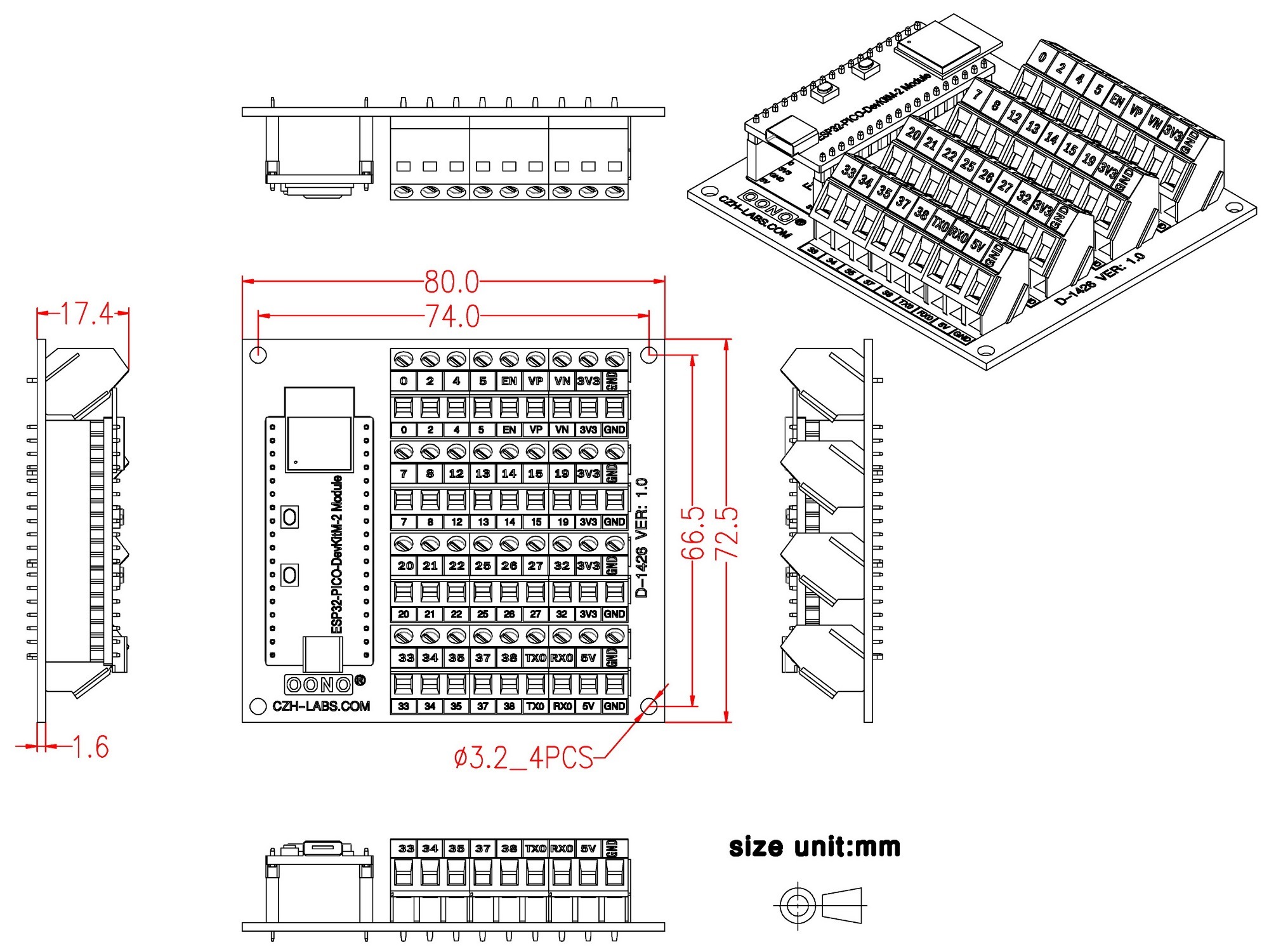 Screw Terminal Block Breakout Module Board for ESP32-PICO-DevKitM-2