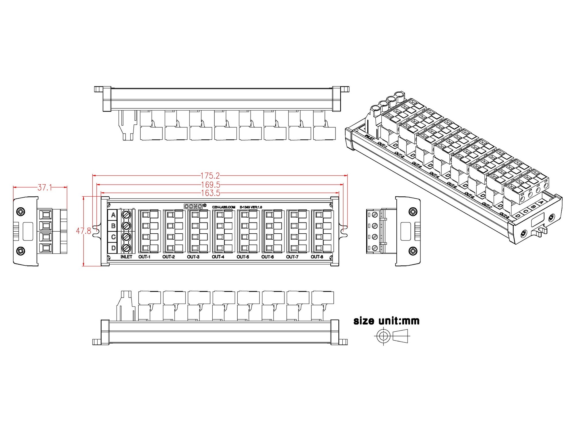 OONO Screw Mount 30A/300V 8x4 Position Pluggable Terminal Block Distribution Module