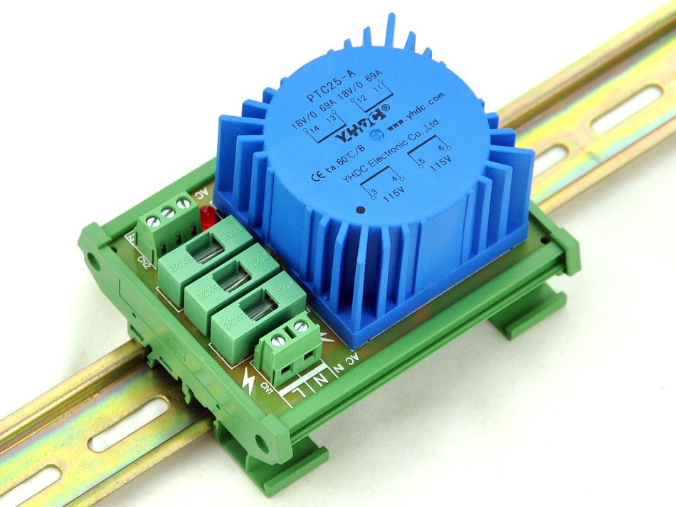 CZH P 115VAC, S 2x 18VAC, 25VA DIN Rail Mount Toroidal Power Transformer Module.